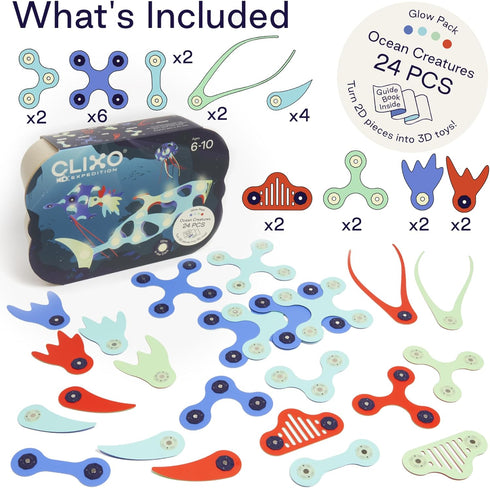 Clixo Ocean Creatures Pack - Glow-in-The-Dark Magnetic Building Toy, 24 Flexible Magnet Pieces for Underwater