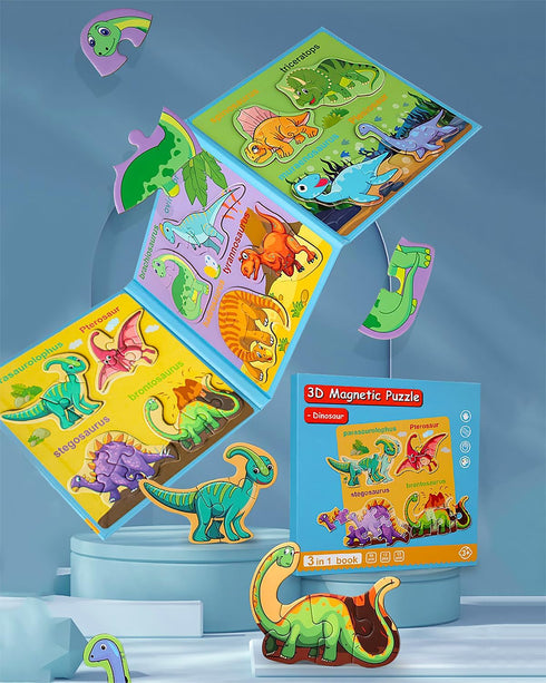 Magnetic Puzzles for Toddlers 2-4, Travel Dinosaur Activities Toy Wooden Jigsaw Puzzles Book for Kids 1-5
