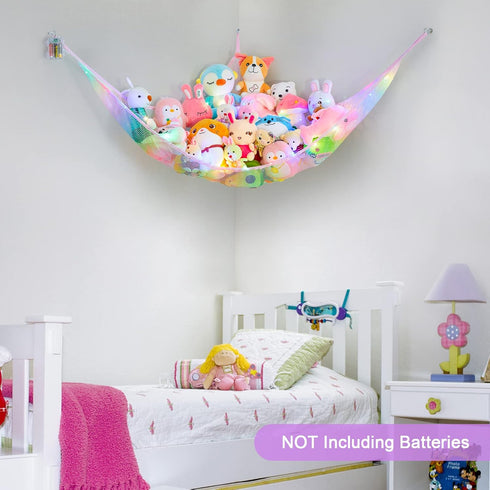 Unicorn Castle Stuffed Animal Net Hammock - Kids Toy Storage with LED Light for Nursery Room Decor