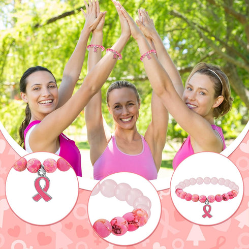 Karenhi 12 Pcs Breast Cancer Awareness Beaded Bracelets, Pink Ribbon Natural Stone Inspirational Gifts for Women