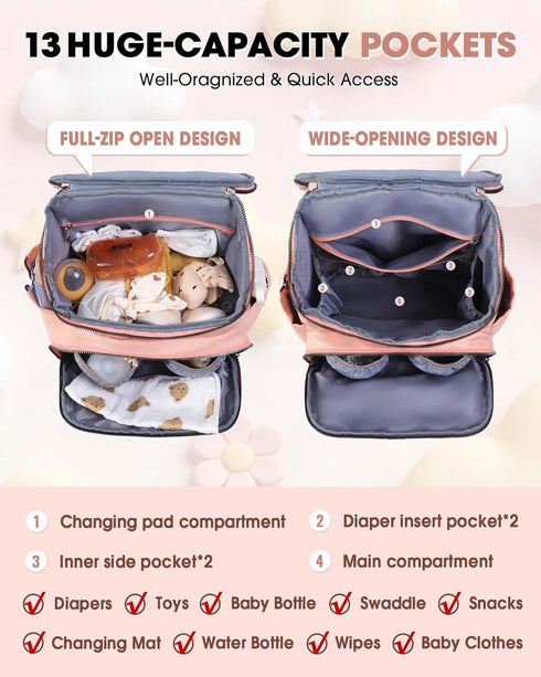 NatuFuse Backpack, Backpack Diaper Bag Large Baby Bag for Girl Boy, Travel Diaper with Insulated Pocket, Cute Diaper