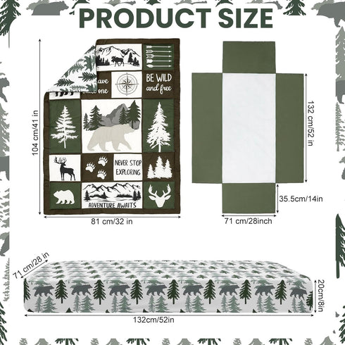 Hahafelt 3 Set Sets Set Pcs Woodland Crib Bedding for Boys, Green Elk Bear Baby Crib for Newborn, Infant & Toddler