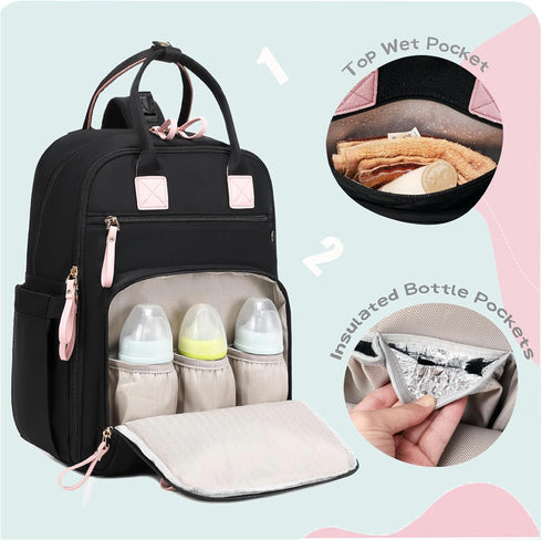 18 Backpack 4 LORADI Pockets Large Diaper Bag with Insulated Pockets and Stroller Clips, Baby Shower Essentials (Black