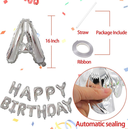 KALOR 16 Inch Silver Happy Birthday Balloons Banner, Mylar Foil Letters Sign, Reusable Party Supplies for Men, Women,