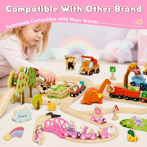 Set Set 2-4, 3 Lehoo Castle Wooden Train for Girls, Unicorn Train for Toddlers Wooden Train Track with Storage Bag