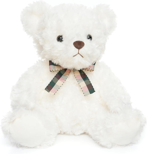 Fluffy White Teddy Bear Stuffed Animals, Plush Toys with Lattice Tie for Kids, 12 inches