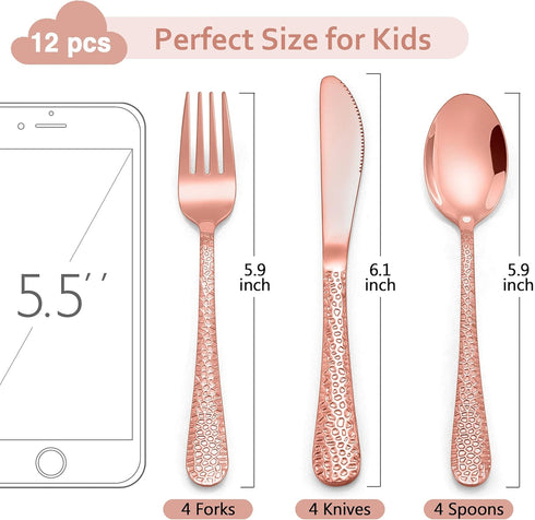 LIANYU 12-Piece Kids Copper Silverware Set, Stainless Steel Toddler Utensils, Hammered Metal Preschooler Flatware Cutlery Set, Children Tableware Includes Knives Forks Spoons, Dishwasher Safe by LIANYU