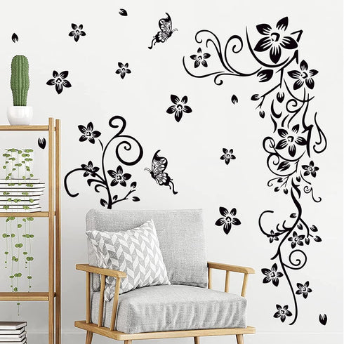 LiveGallery Removable Black Vinyl Flowers Wall Decals, DIY Flower Vines and Butterfly Stickers for Home Decor