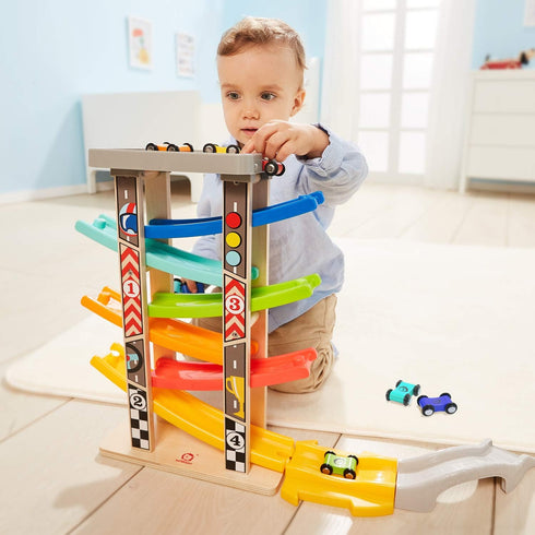TOP BRIGHT Wooden Car Ramp Race Track Toy - Toddler Car Playset with 12 Pack Replacement Cars