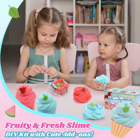 2 Pack Cloud Slime Kit with Red Watermelon and Mint Charms, Scented DIY Slime Supplies for Kids