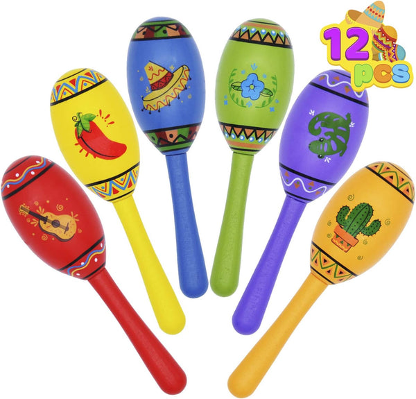 JOYIN 12 Mini Wooden Fiesta Maracas 6 Designs Noisemaker for Mexican Fiesta,
