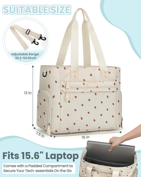 14 Inch Mommy Pritent Large Travel Diaper Bag Tote with Laptop Sleeve, Breast Pump Bag for Mom and Dad, Maternity