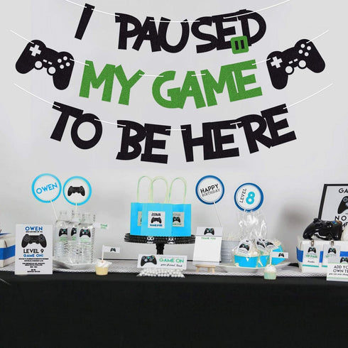 I Paused My Game To Be Here Banner, Glitter Gamer Theme Party Decoration Sign for Kids Video Game Birthday Parties