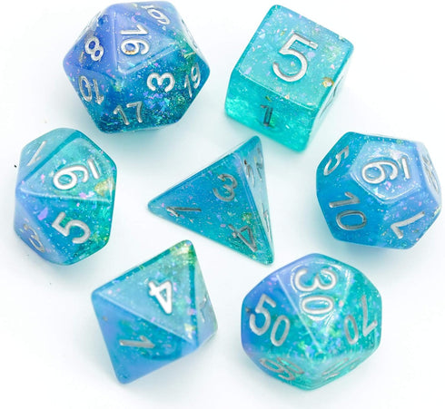 7-Die RPG Blue DND Dice Set, Resin D&D Polyhedral Glitter Dice Set for Tabletop Role Playing Game