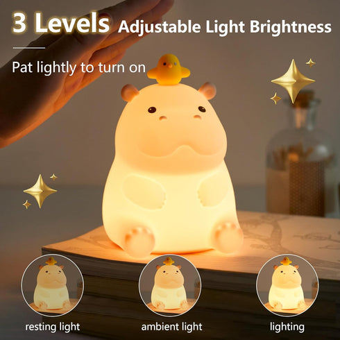 BemeedLigt Dimmable Hippo Night Light, Cute Silicone Squishy LED Lamp, Nursery Nightlight, Rechargeable Bedside Table