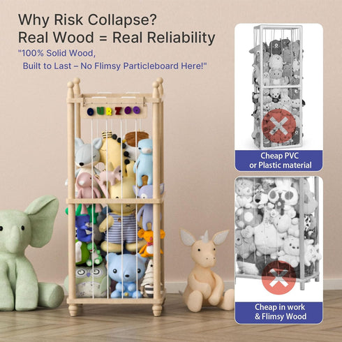 40" 3D Stuffed Animal Storage Zoo, Tall Solid Pine Wood Toy Organizer with Exclusive Sign, Large Vertical Plushie Cage