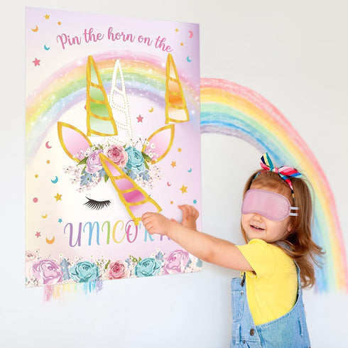 WERNNSAI Pin The Horn on The Unicorn, Birthday Party Game Poster with 24 Horn Stickers