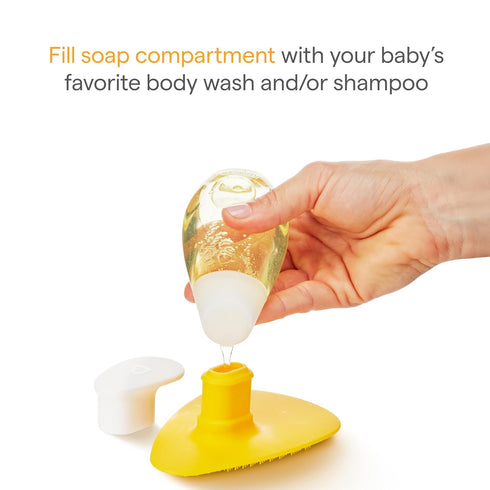 Munchkin Squeeze & Scrub Silicone Baby Bath Brush with Soap and Shampoo Dispenser - Soft & Gentle Bristles, Great