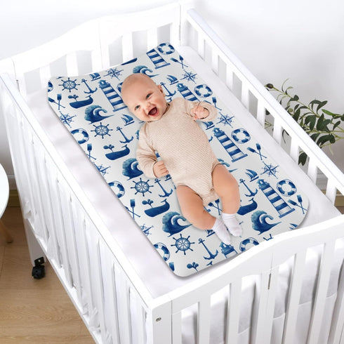 Nautical Life Changing Pad Cover, Navy White Lighthouse, 32"x16" Soft Stretch Diaper Change Table Cover