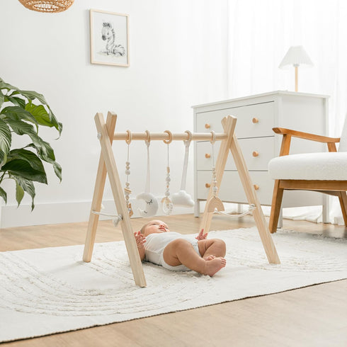 5 Comfy Cubs Wooden Baby Play Gym - Natural Finish Pinewood Baby Activity Gym with Sensory Hanging Toys - Easy No-Tool