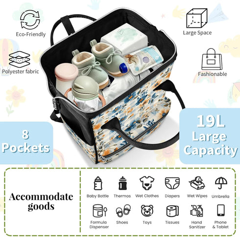 Honeybaby Backpack 19L Diaper Bag for Mom & Dad Checkered Background Flowers Large Diaper Bag Tote with Multi-Pocket