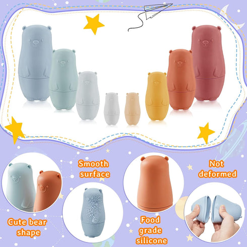 Chivao 8 Pieces Educational Russian Nesting Dolls, Silicone Matryoshka Stacking Dolls for Toddlers, Baby Teether (Bear)