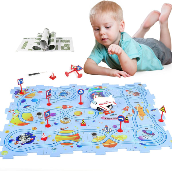 Plastic Floor Puzzles for Kids with Airplane Toy Car, Educational Track Car Play Set for Ages 2-6
