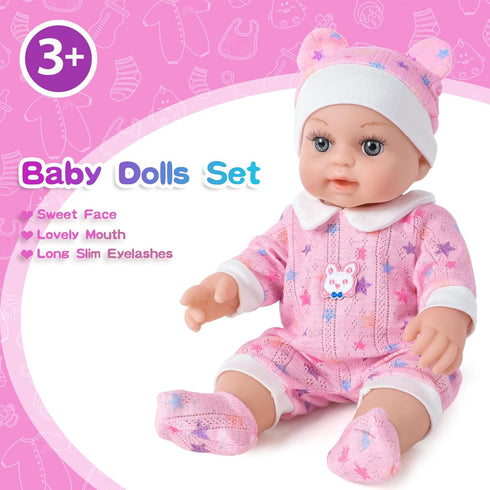 BDDOLL 12" Backpack, 3 Baby Doll in Gift Box with Pink Cloths, Feeding Bottle and Pacifier, First Baby Dolls