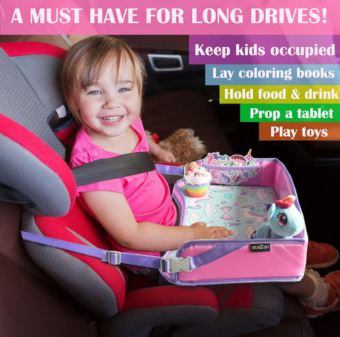 ecoZen Lifestyle Kids Travel Tray for Car, Toddler Lap Desk Organizer for Airplane, Pink Car Seat Tray for Kids Travel