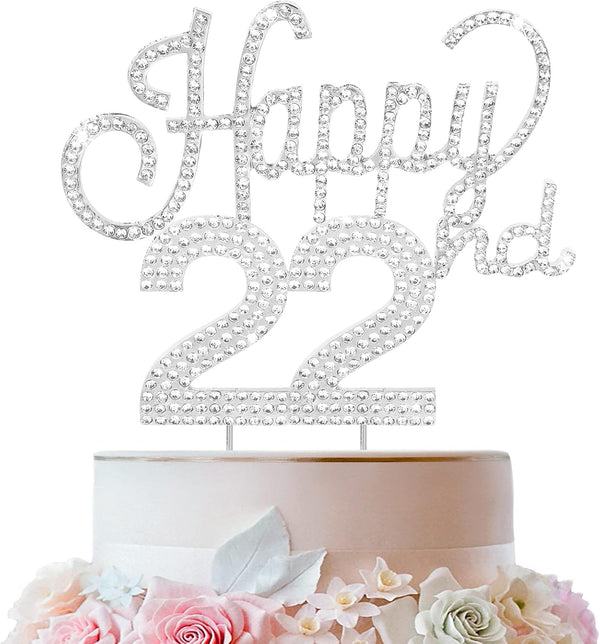 LINGTEER Happy 22nd Birthday Silver Rhinestone Cake Topper - Cheers to 22 Years Old Party Cake Centerpieces Decorations