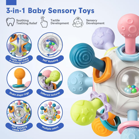 Jyusmile Baby Sensory Teething Toys Set, Montessori Baby Toys 6-12 Months, Rattle Teether & Soft Stacking Rings