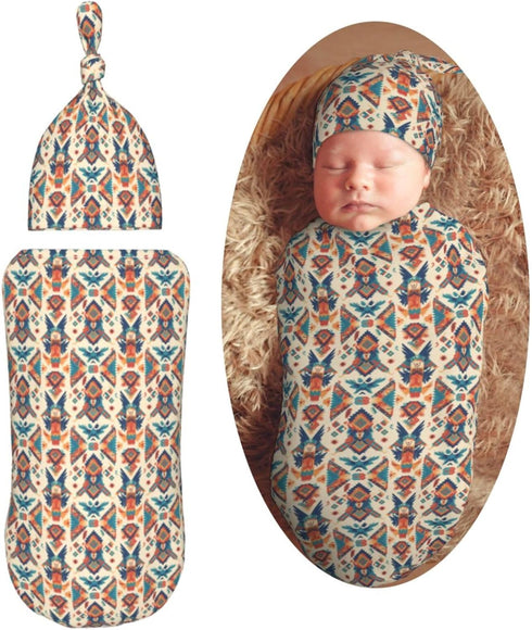 Aztec Pattern Newborn Swaddle Blanket Hat Sets Soft Baby Receiving Blankets Swaddle