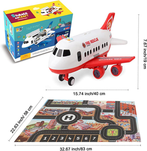 Dwi Dowellin Airplane Toy with Fire Truck Cars and Play Mat - Lights and Sounds for 3+ Years Old