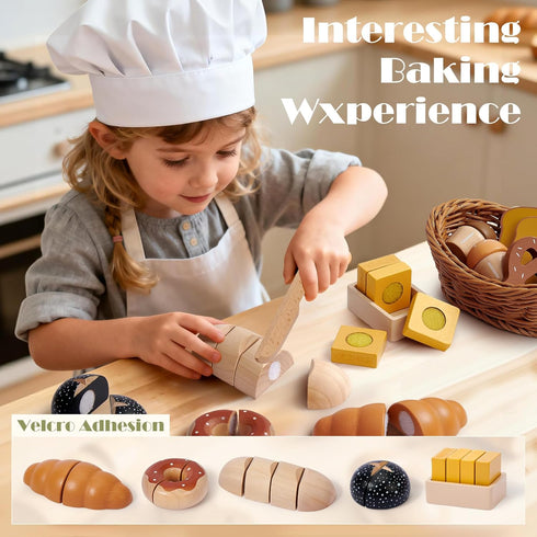 Sets 3-5 3 4 5 6 Toyssa Wooden Play Food for Kids Kitchen, Bakery Pretend Play Toy Food for Toddlers with Cutting Bread