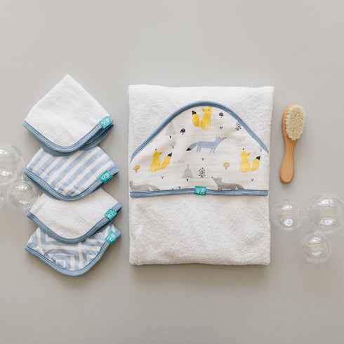 5-Piece 100% Set Featherhead Cotton Muslin Hooded Bath Towel & Washcloths for Baby Boy - Ultra Soft and Extra Absorbent