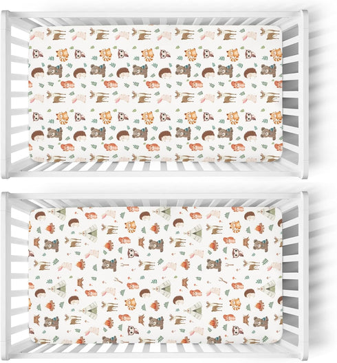 ZoUbqchY 52x28In 2 Pack Camping Animals Baby Crib Sheets for Boy Girl Bear Deer Raccoon Squirrel Bunny Hedgehog Owl