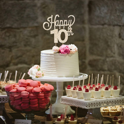 LINGTEER Happy 10th Birthday Gold Rhinestone Cake Topper - Cheers to 10 Years Old Party Centerpieces Decorations