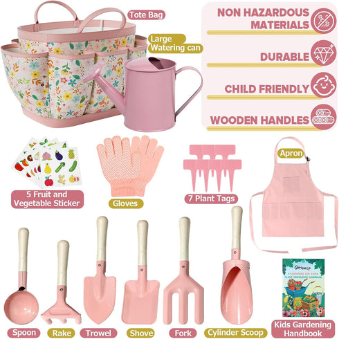 Set 14Pcs Qtioucp Kids Gardening Garden Tools with Tote Bag,Watering Can, Shovel, Apron, Garden Book and More