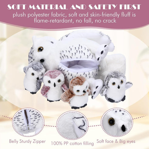 Hollowfly 5 Set 15.7" Mommy 4 Set Pcs Owls Plush Toy Gift White Owls with Cute Babies Stuffed Animal in Zippered Belly
