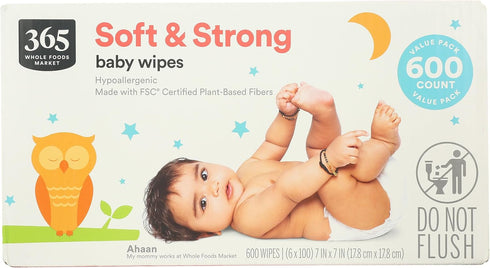 365 100 Count (Pack 6) by Whole Foods Market, Soft & Strong Disposable Baby Wipes, Fragrance-Free
