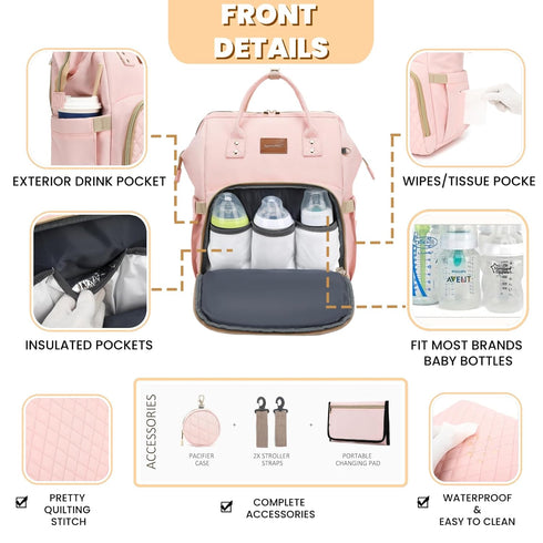 Backpack 35L ROSEGIN Pink Diaper Bag for Baby Girls - Baby Shower Gifts for Mom, Quilted Diaper Bag with Changing Pad