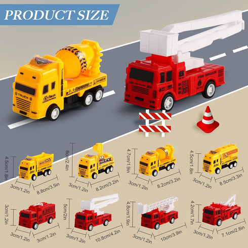 HSMQ 8 Pack Set, Pull Back Cars Vehicle Toys Fire Truck Construction Truck Model for Kids Boys Girls Toddler, Mini Pull
