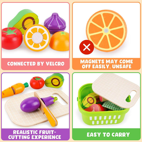 1 2 3 Wooden Food for Play Kitchen - Cutting Fruits Toys for Years Old Toddlers Kids, Vegetables Gift for Boys Girls