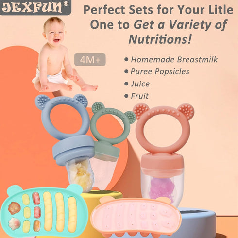 Set, JEXFUN Silicone Baby Fruit Food Feeder Pacifier & Freezer Tray Breastmilk Popsicle Mold for Teething, Silicone
