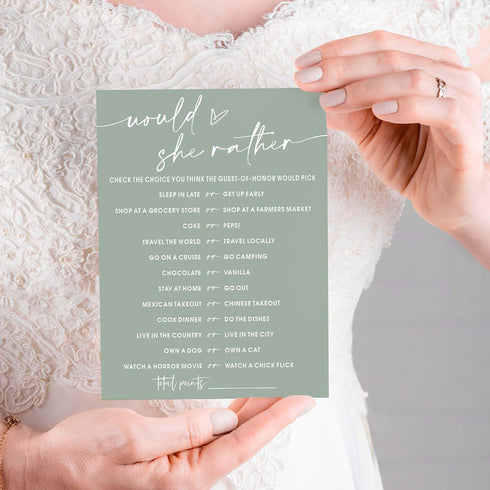 Bridal Shower Games Cards, 25Pcs Prefilled Engagement Party Games for Guests, Minimalist Green Wedding Supplies - C19