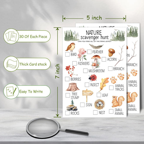30 Pcs Nature Scavenger Hunt Cards, Find and Seek Camping Sheets, Woodland Themed Holiday Party Game Outdoor Activity for Family Friend -01