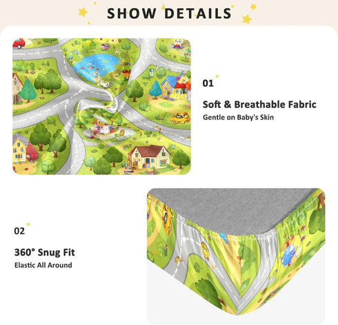 CZXW 52" 28" Cartoon Town Map Crib Sheets Fitted x Natural Cotton Soft & Breathable for Baby Crib Mattress