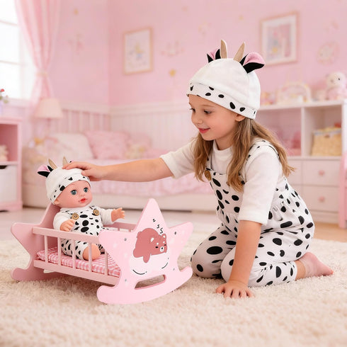 Set, 3+ Offelec Wooden Baby Doll Crib Pink Baby Doll Bed Toys, Rocking Baby Doll Cradle Accessories, Play Cradle