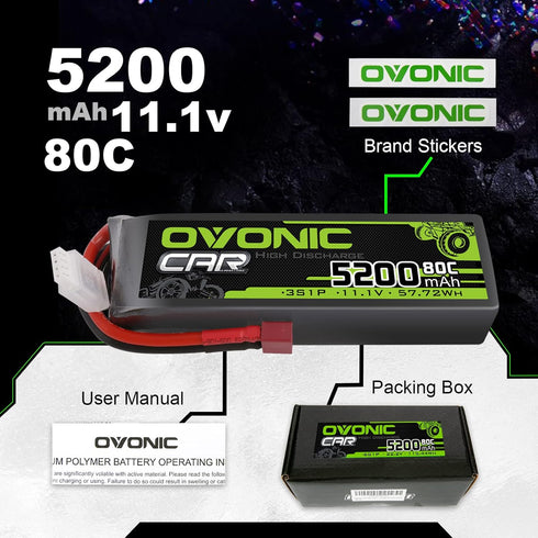 OVONIC 3S Lipo Battery 5200mAh 11.1V 80C with Deans T Connector for RC Car, Boat, Truck, Helicopter Models