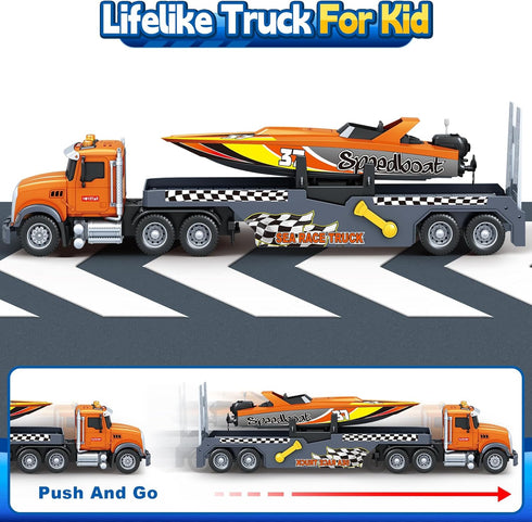 3 4 5 6 7 21" Bstoyder Toddler Boy Toys for Years Kids, Semi Flatbed Truck Toy with a Sea Race Truck, Friction Powered